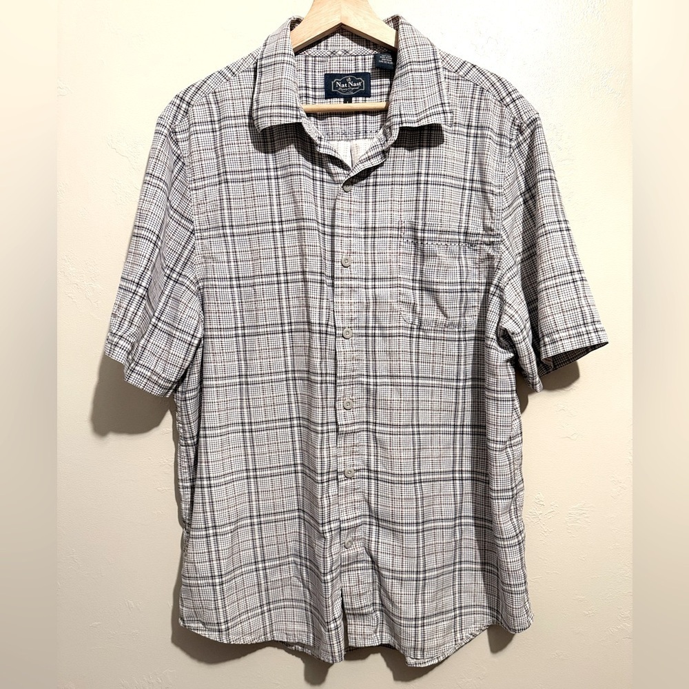 Nat Nast Men's Light Gray Checkered Shirt 100% Silk Size Large Luxury Original